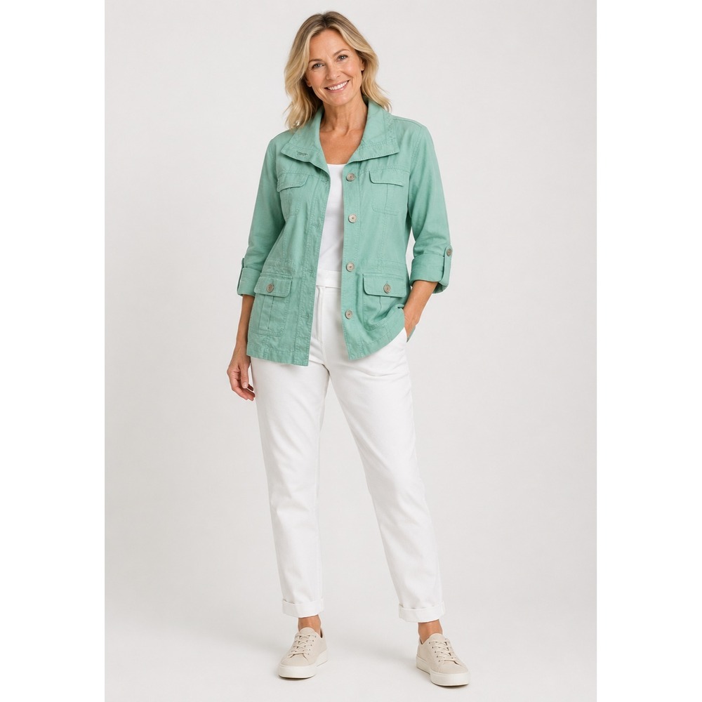 Amber Sun‎ Jacket Womens Large Green Linen Cotton Button Front Pockets Coastal